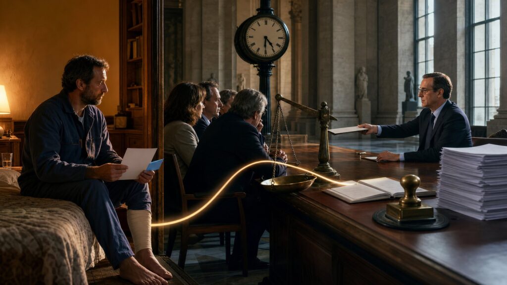 Un salarié en bleu de travail, jambe bandée, tient une feuille d’arrêt de travail dans une chambre à la lumière chaude ; face à lui, dans une salle de pierre froide, un homme en costume tend un dossier au-dessus d’une table où siègent des représentants ; entre eux, une balance penchée, un tampon en laiton, une pile de formulaires vierges et une grande horloge.