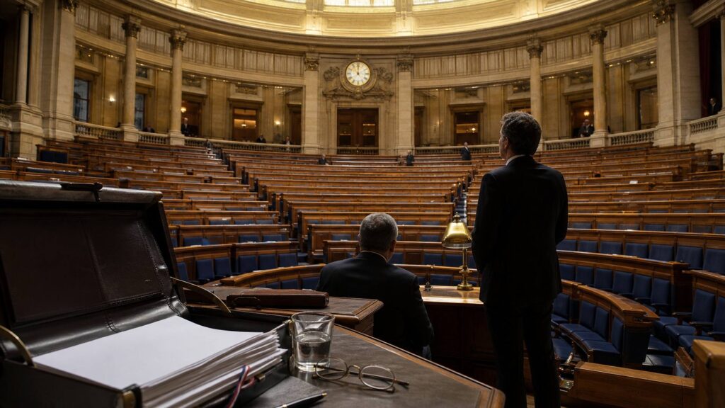 Hémicycle parlementaire aux gradins de bois clair et aux sièges bleus, deux hommes en costume vus de dos, un bureau de bois au premier plan avec un cartable ouvert, des documents vierges, une paire de lunettes et un verre d'eau, grande horloge murale au centre.