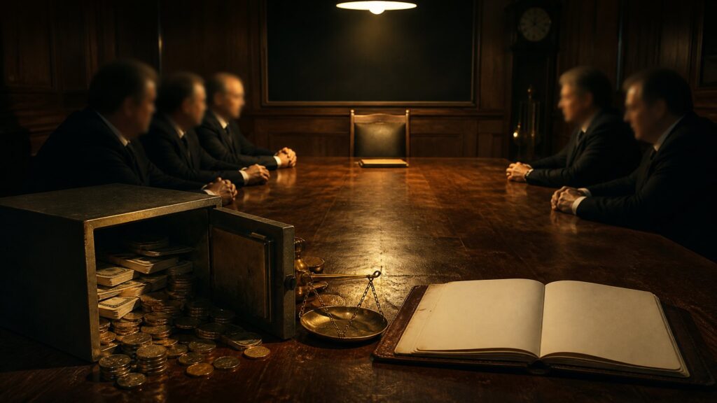Illustration éditoriale générée par IA : salle de conseil paritaire, deux délégations anonymes de part et d'autre d'une table, un coffre entrouvert et des piles de pièces, une chaise vide au bout de la table.