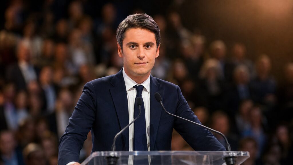 Gabriel Attal, en costume sombre, debout derrière un pupitre à micros devant une salle de conférence.
