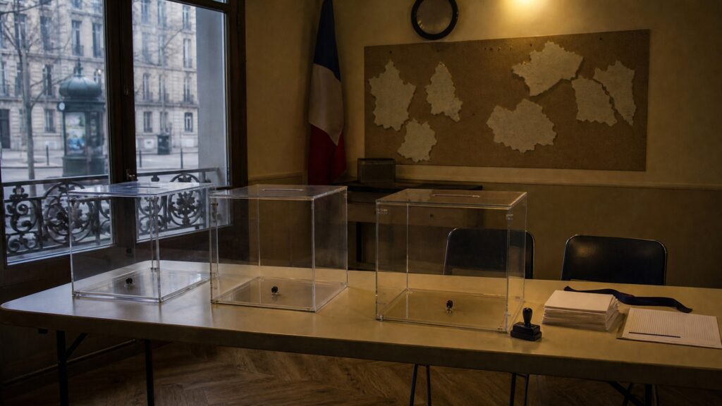 Salle de reunion d'un parti avant un vote interne : trois urnes transparentes sur une table pliante, liasse de bulletins vierges, tampon encreur et liste electorale ; au fond un panneau de cartes de France, une horloge sans aiguilles, un drapeau roule contre le mur.