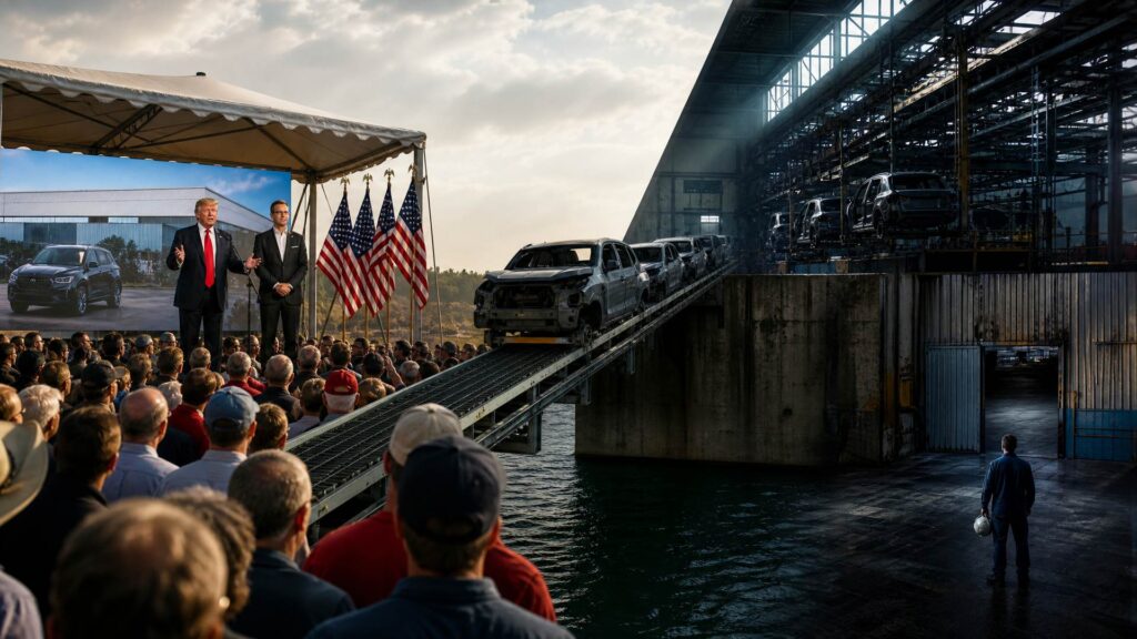 À gauche, un meeting en plein air avec deux hommes sur une estrade, des drapeaux américains et un écran géant montrant une usine et un grand SUV ; à droite, un hall d'usine froid, une chaîne arrêtée et un ouvrier de dos ; entre les deux, un convoyeur chargé de carrosseries franchit un mur de béton.