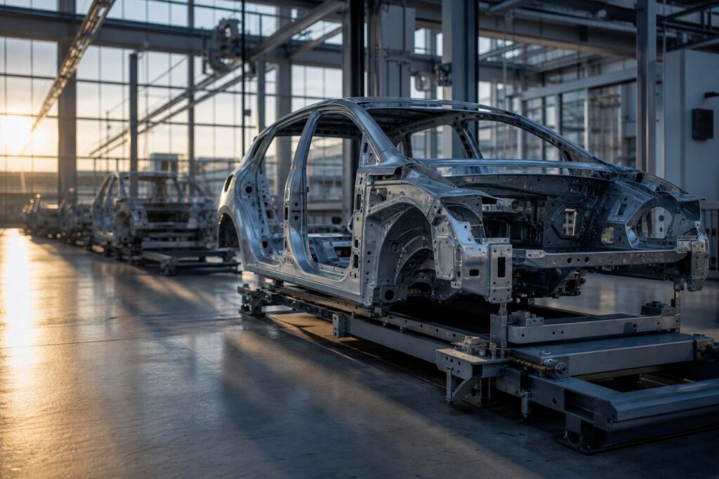 Chaîne de montage automobile, châssis métalliques alignés sous la lumière naturelle