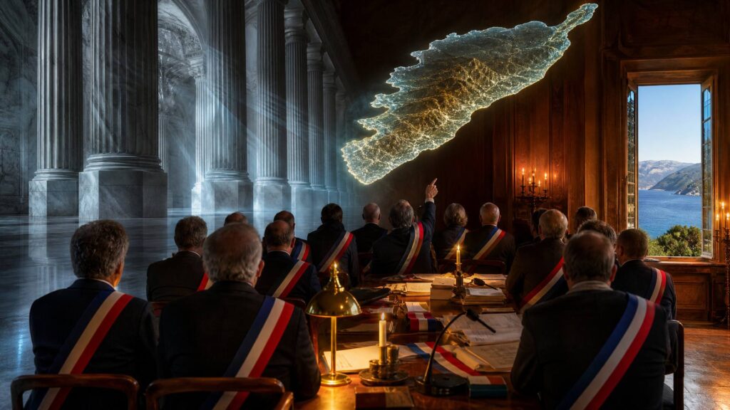 Salle coupée par une diagonale d'ombre : à gauche, colonnade de marbre froide et monumentale ; à droite, table de bois couverte de documents, d'écharpes tricolores et de micros, entourée de maires vus de dos ; au-dessus, une grande carte lumineuse de la Corse.