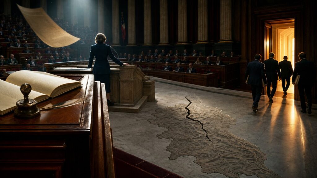 Hémicycle parlementaire de nuit, une oratrice à la tribune vue de dos, une immense carte de la Corse fissurée incrustée dans le sol de marbre, et quatre élus qui s’éloignent vers une porte de lumière chaude.