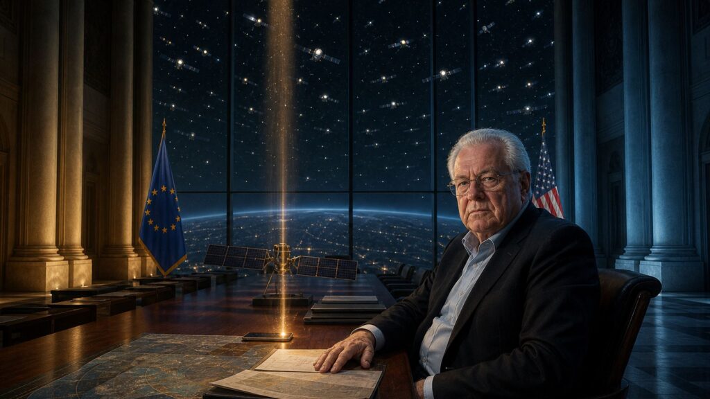 Salle de négociation européenne : Andrew Puzder assis au bout d'une longue table, visage tourné vers l'objectif, maquette de satellite, téléphone et carte de fréquences devant lui ; drapeau européen à gauche, drapeau américain à droite, ciel nocturne couvert de satellites derrière le mur de verre.