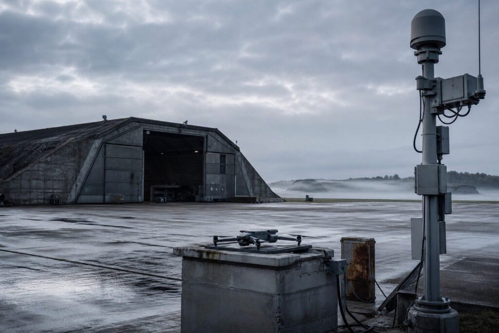 Drone posé devant un hangar en béton sur une base aérienne