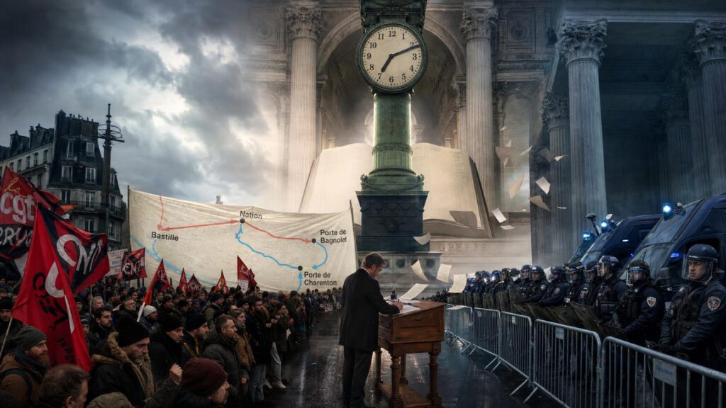 Aube place de la Bastille : manifestants et forces de l'ordre face à face derrière des barrières, colonne de Juillet transformée en horloge de pierre, carte du parcours Bastille-Nation et détournement vers Bagnolet et Charenton