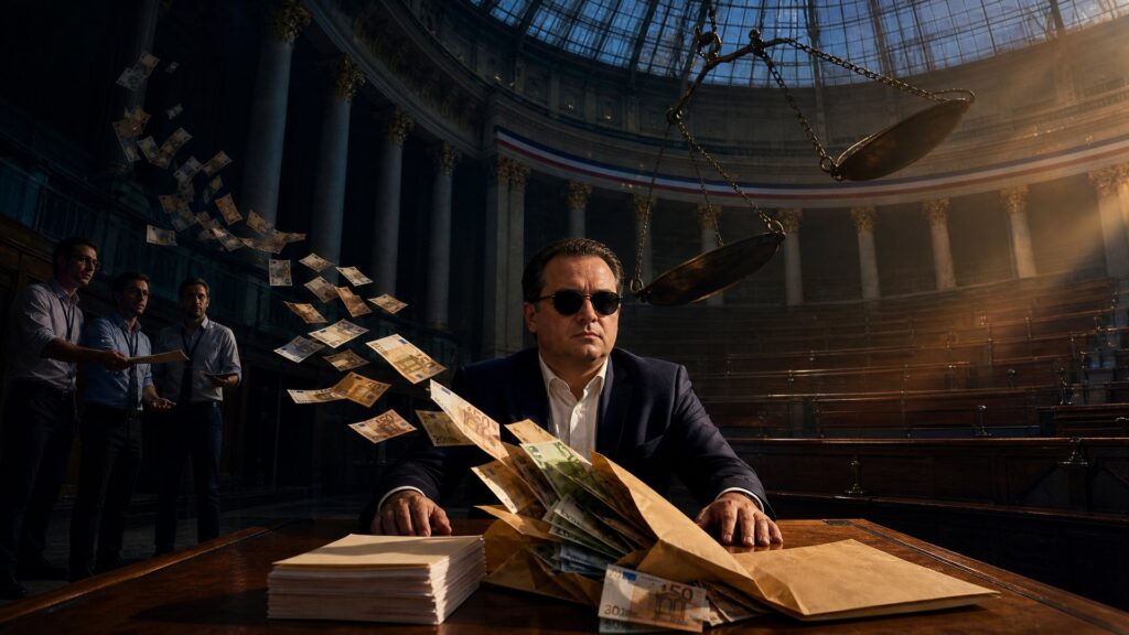 Scène symbolique dans l'hémicycle : un député en costume sombre et lunettes noires, assis à un pupitre couvert d'enveloppes et de billets, trois assistants debout dans l'ombre à gauche, une balance monumentale suspendue au-dessus de la salle. Image symbolique, non documentaire.