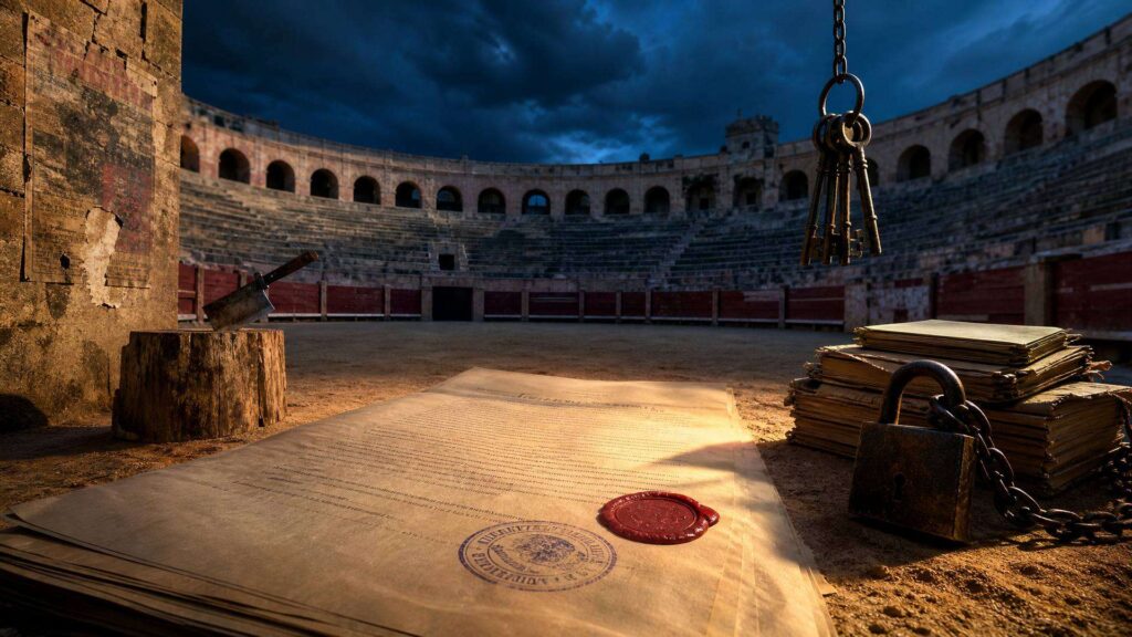 Arènes de Béziers au crépuscule, gradins de pierre vides : un contrat géant déroulé sur le sable, un cachet de cire rouge, un cadenas et un trousseau de clés suspendus au-dessus de la piste.