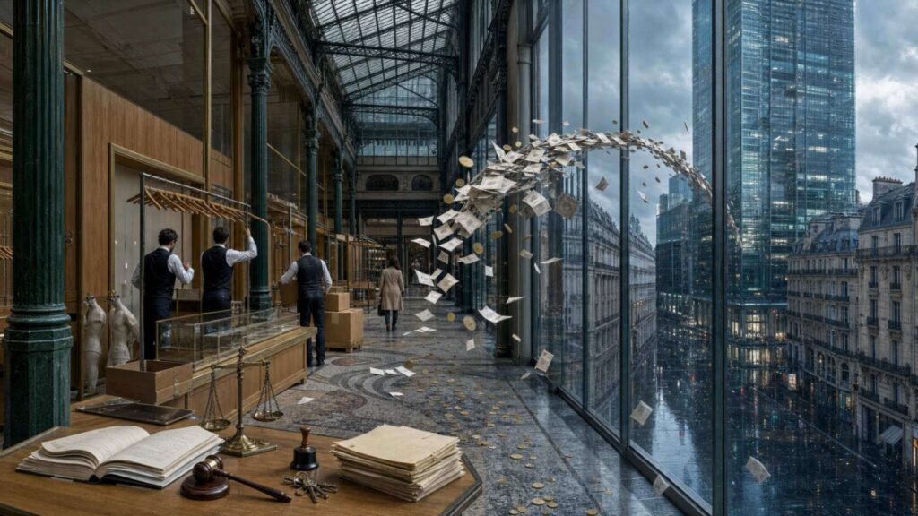 Intérieur d'un grand magasin parisien au crépuscule : verrière de fer, colonnes de fonte et comptoirs de bois, portants dégarnis et cartons empilés au premier plan, employés anonymes de dos dans une lumière chaude à gauche ; à droite, une tour de verre froide écrase la façade et un flux de pièces et de documents se brise au-dessus d'un seuil ; sur le comptoir, un dossier ouvert, des factures et un marteau de tribunal.