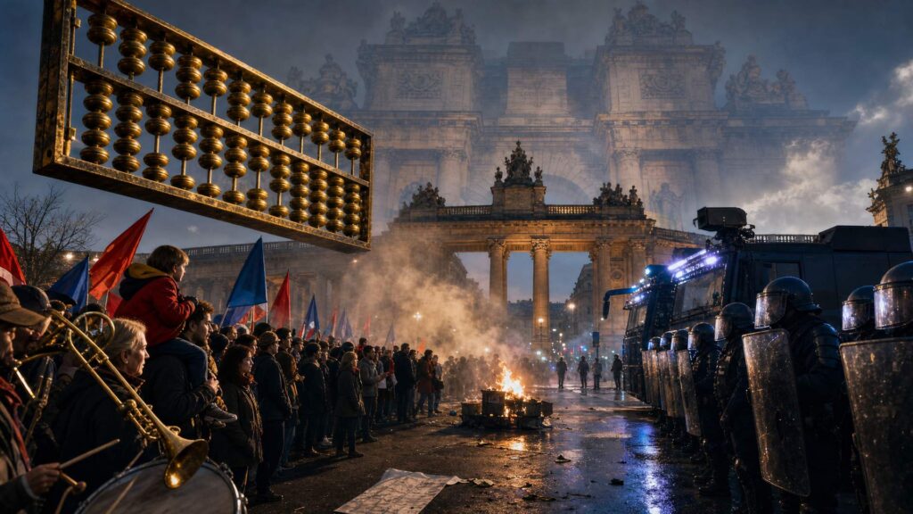 Manifestation à la porte de Vincennes à la tombée du jour : à gauche une foule dense avec des drapeaux rouges et bleus sans inscription, un groupe de cuivres et un enfant sur les épaules ; à droite une ligne de policiers casqués derrière des boucliers transparents, un véhicule blindé et un canon à eau dans une lumière froide ; au centre un feu de poubelle et une fumée fine ; au-dessus de la foule, un abaque de bronze aux boules dorées, et une porte monumentale dédoublée dans le ciel.