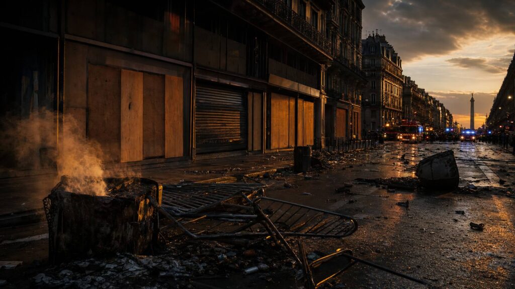 Avenue parisienne au crépuscule après une manifestation : barrières renversées, débris et poubelle calcinée, vitrines protégées, colonne de secours au loin.