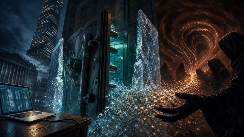 Chambre forte monumentale ouverte dans une salle sombre : un torrent de jetons métalliques s'échappe d'un ordinateur portable posé sur un bureau, une partie se fige contre une paroi de glace tandis que des silhouettes encapuchonnées recueillent le reste dans une spirale de feu ; au loin, une tour de verre penchée et un bâtiment à colonnes.
