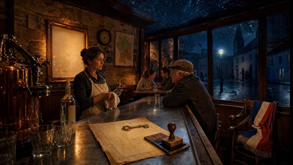 Intérieur d'un café de village à la tombée du jour : comptoir en zinc, cafetière en cuivre, verres, formulaire vierge tamponné et grosse clé de bronze, serveuse essuyant un verre, client âgé en casquette, couple attablé, et derrière la vitre une place déserte aux volets clos avec un clocher.