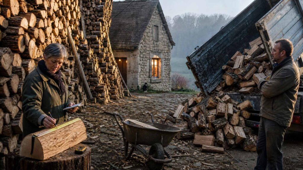 Cour rurale en pierre au matin d'octobre : une pile monumentale de bûches de chêne, une femme en veste de travail qui déroule un mètre ruban sur une bûche et note dans un carnet, un livreur près de son camion-benne qui déverse du bois, une brouette, un humidimètre posé sur une bûche et, au fond, une fenêtre éclairée par un poêle.