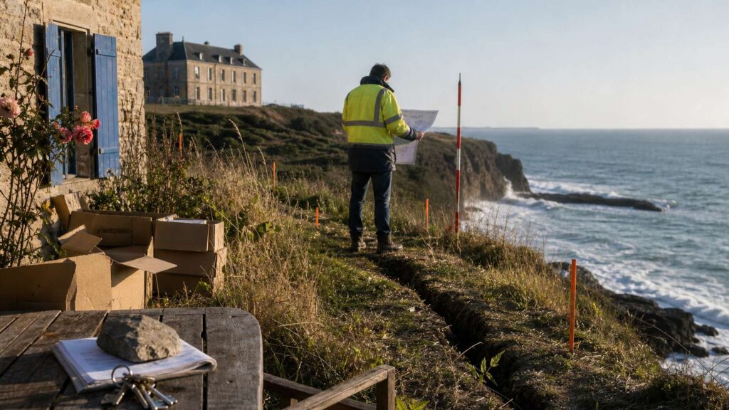 Au premier plan, une table de jardin en bois avec un trousseau de clés et un acte de propriété sous une pierre, des cartons ouverts devant une maison de pierre aux volets bleus ; au centre, un agent municipal en gilet jaune fluo, vu de dos, tient une carte cadastrale au bord d'une falaise fissurée, des piquets de chantier marquant une ligne ; à droite, la mer froide frappe le pied de la falaise.