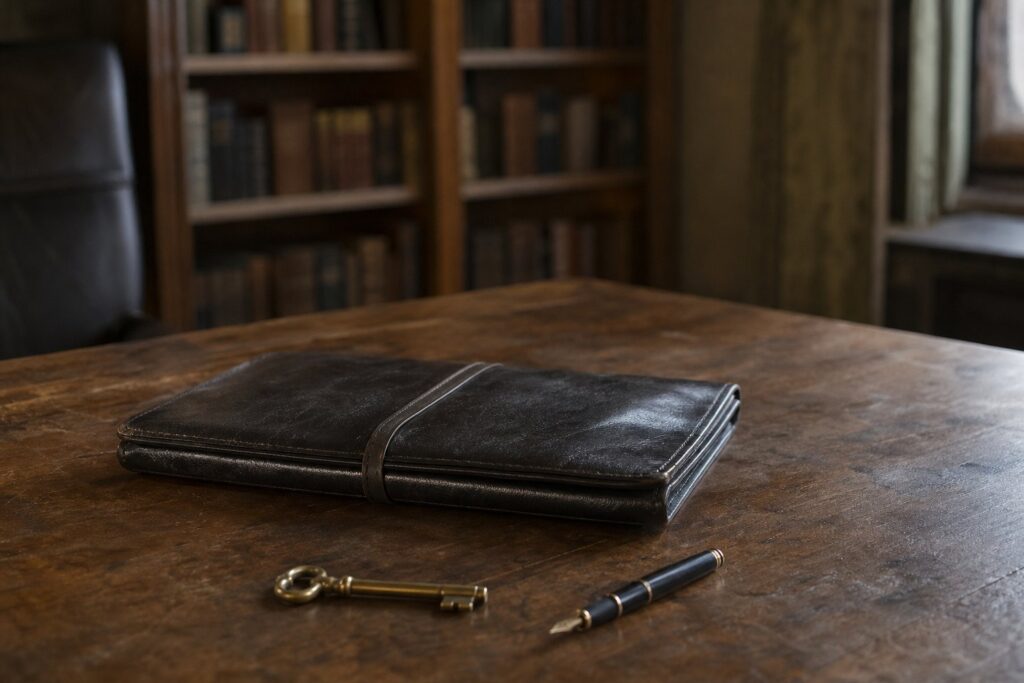 Chemise en cuir, clé ancienne en laiton et stylo sur un bureau en bois