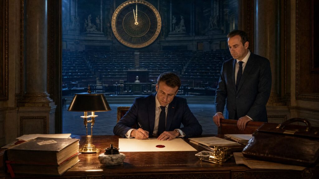 Deux hommes en costume dans un salon officiel à l'heure bleue : l'un, assis, signe une feuille vierge scellée de cire rouge, l'autre, debout derrière lui, regarde le document ; au fond, un hémicycle vide sous une horloge monumentale.