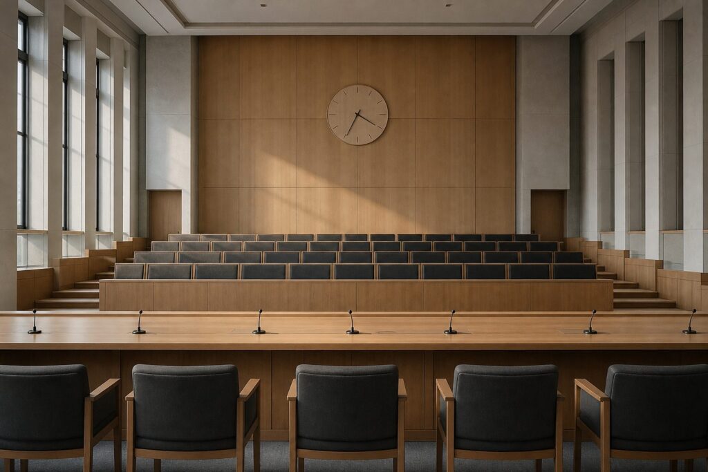 Salle de commission parlementaire vide, bureau, micros et gradins de sièges en bois