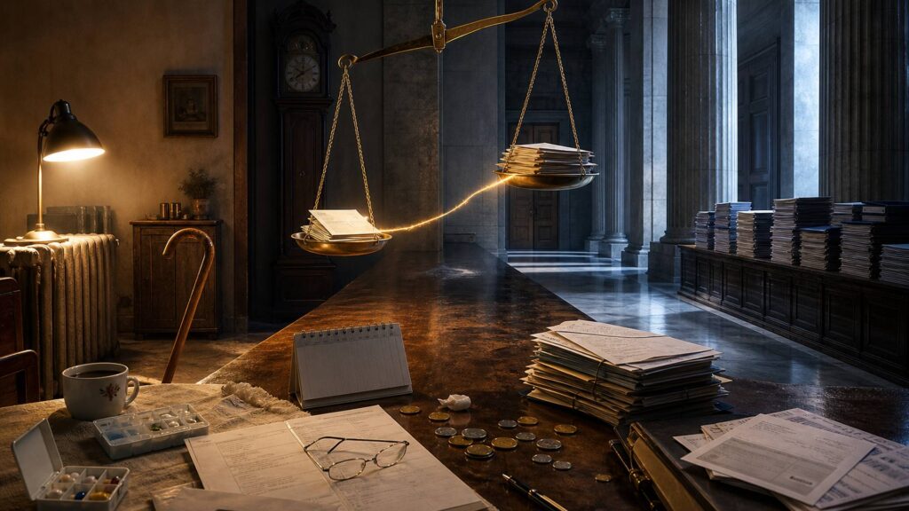 Illustration éditoriale générée par IA : table de bois couverte de dossiers budgétaires, d’un relevé de pension, de lunettes, d’une canne et d’un pilulier, balance de laiton penchée ; ne constitue pas une photographie.