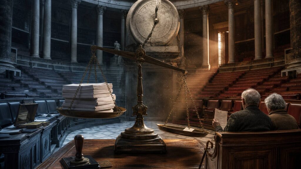 Dans l'hémicycle d'une assemblée, gradins vides et grande balance dont un plateau porte des piles de documents ; deux personnes âgées, vues de dos, consultent un dossier dans un rai de lumière ; image en couleur, sans texte lisible.