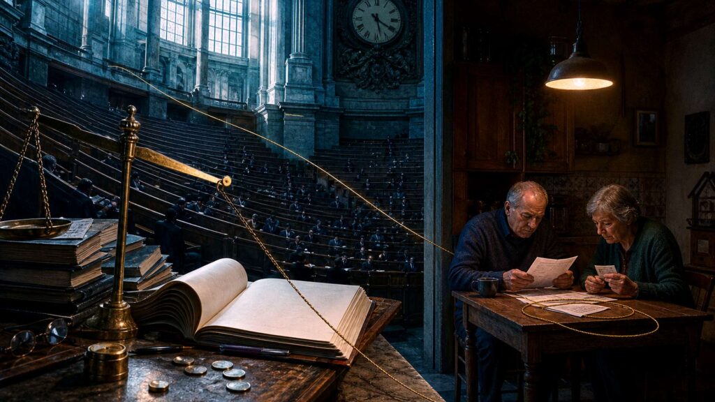 À gauche, l'hémicycle d'une assemblée nationale en pierre et bois, rangées de sièges courbes, horloge monumentale, lumière froide ; à droite, un couple de retraités assis à une table de cuisine examine des relevés de pension et une carte d'assurance maladie, sous une lampe chaude ; au premier plan, une balance de laiton penchée, un rapport budgétaire ouvert, des lunettes et des pièces de monnaie.