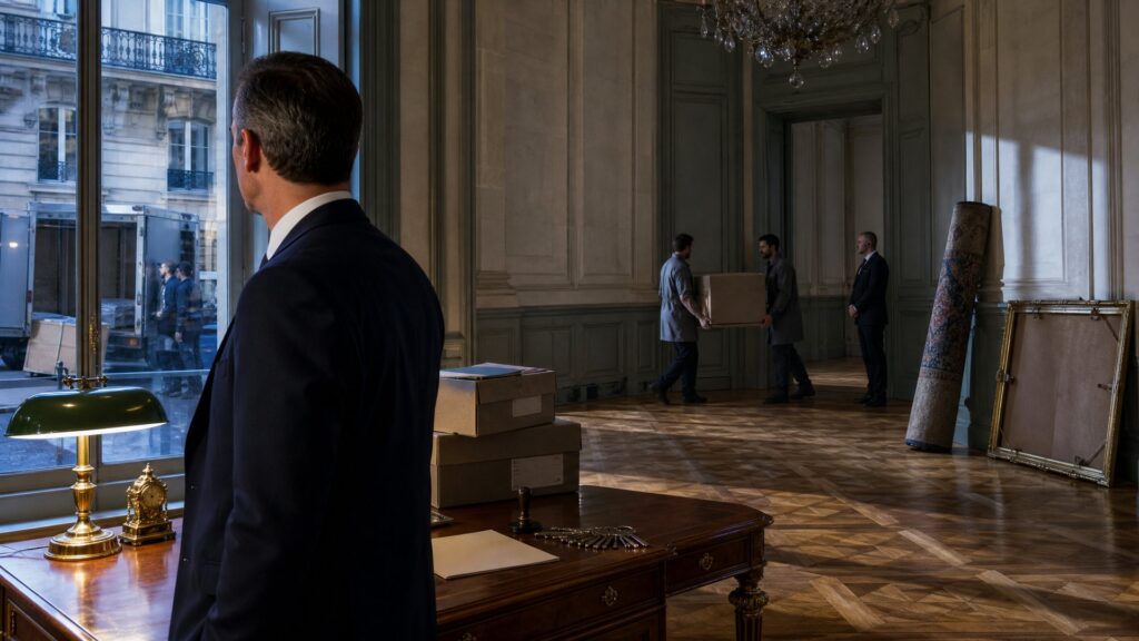 Un salon officiel aux murs crème et boiseries gris vert, en cours de déménagement : un homme en costume bleu nuit vu de dos regarde par la fenêtre, un trousseau de clés et un acte posés sur un bureau en acajou, des cartons d’archives, deux déménageurs, un cadre retourné contre le mur ; dehors, une camionnette et une façade haussmannienne dans la lumière froide du matin.