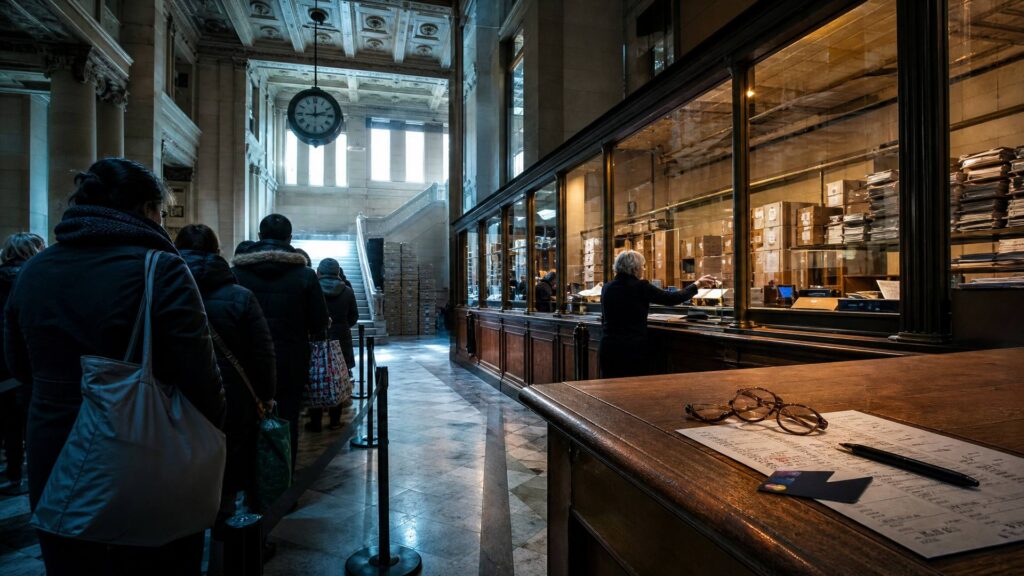 Guichet monumental d'une caisse d'allocations familiales : file d'attente de dos devant des vitres, relevé de prestations posé sur un comptoir de bois, dossiers empilés jusqu'aux colonnes de pierre