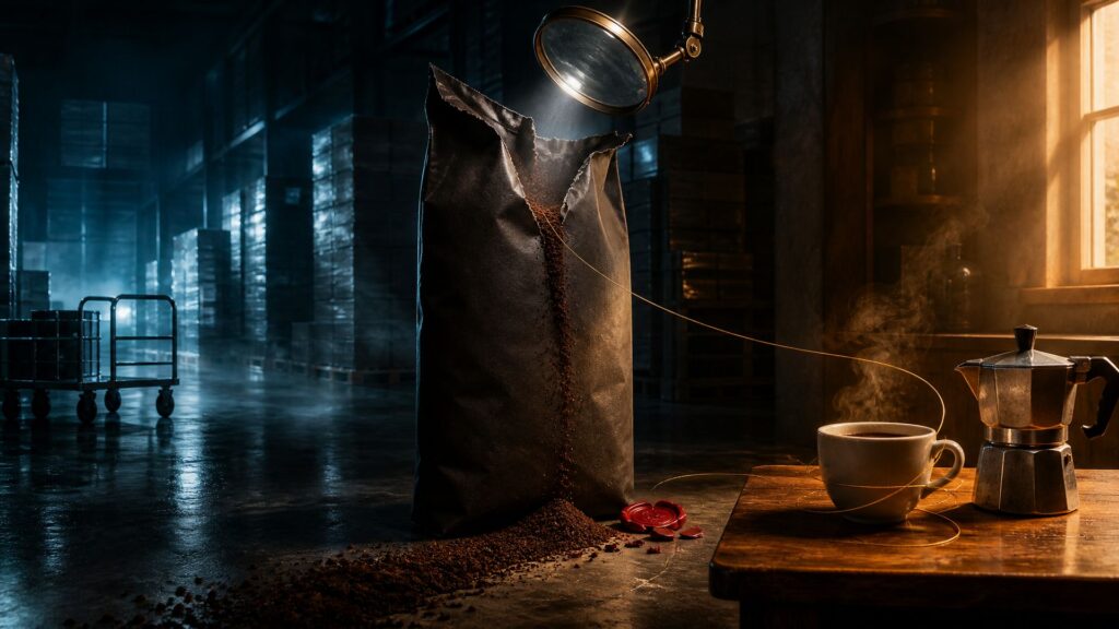 Un paquet de café moulu éventré, du café répandu sur un sol de béton, un sceau de cire rouge brisé, une loupe d'inspection suspendue au-dessus, une cuisine chaude avec cafetière italienne et tasse à droite, un entrepôt froid à gauche.