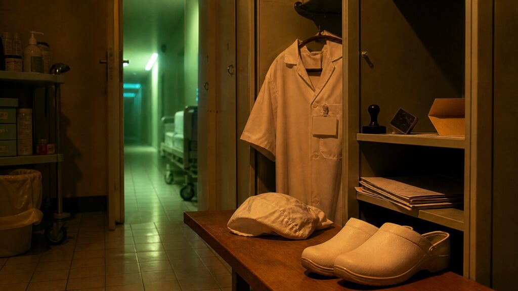 Vestiaire de soignants d'un hopital : calot de coton blanc pose sur un banc de bois, blouse pendue a un cintre, dossier agrafe et tampon encreur sur une tablette ; par la porte entrouverte, un couloir eclaire d'un neon vert.
