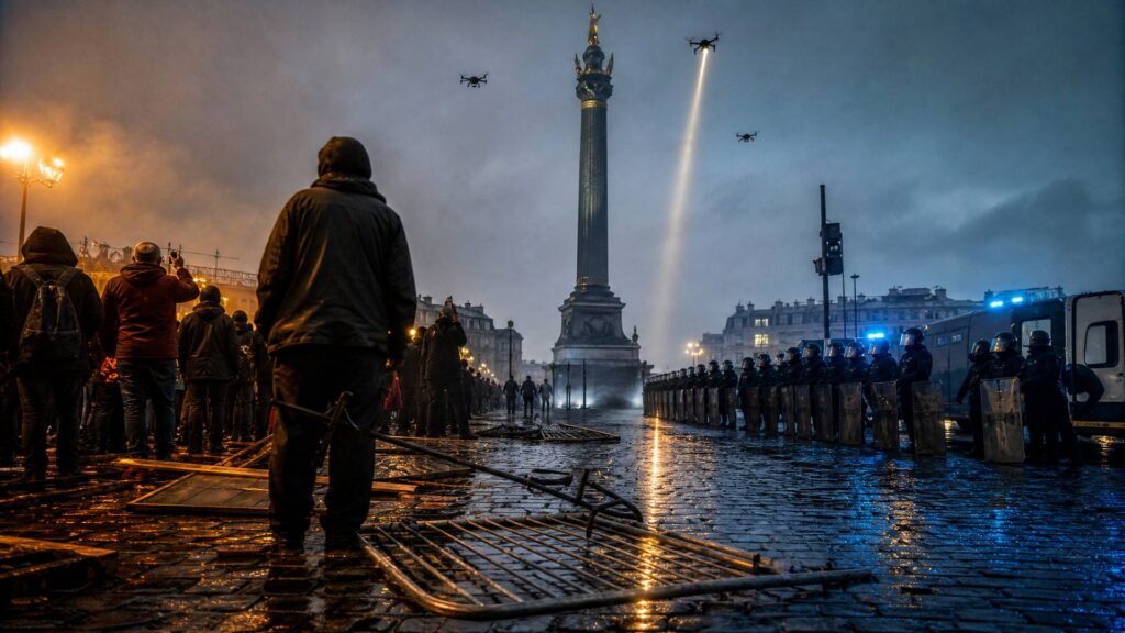 Colonne de Juillet au petit matin, foule vue de dos derrière des barrières renversées, ligne de policiers casqués à droite, trois drones sombres dans le ciel dont l'un projette un faisceau doré sur les pavés mouillés.