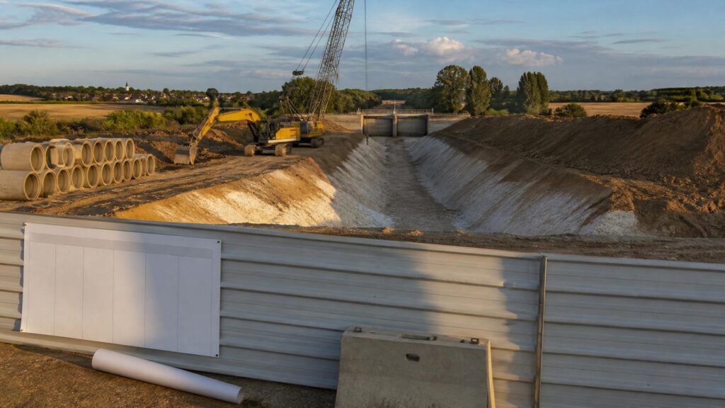 Illustration éditoriale générée par IA : tranchée de canal en construction à travers la plaine, pelles mécaniques et buses empilées, écluse aux portes closes, plan de financement vierge sur une palissade.