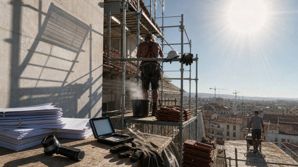 Couvreur sur un échafaudage en plein soleil, à côté d'une table de chantier couverte de formulaires vierges, d'un tampon encreur et d'un dermatoscope.