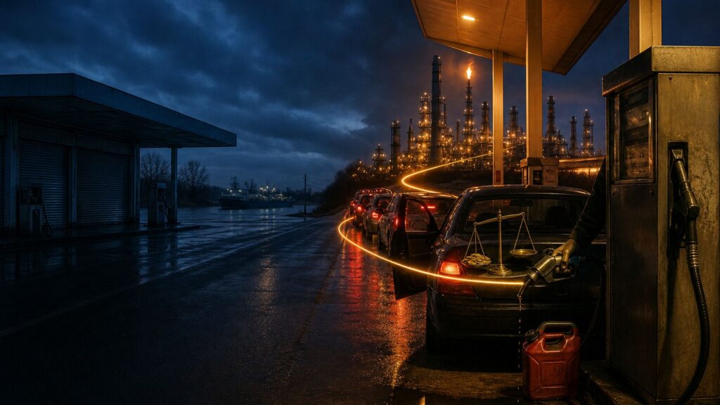Station-service de nuit : une file de voitures attend devant les pompes, un bidon rouge et une flaque de carburant au premier plan, une raffinerie éclairée à l'arrière-plan et une seconde station fermée de l'autre côté de la chaussée.