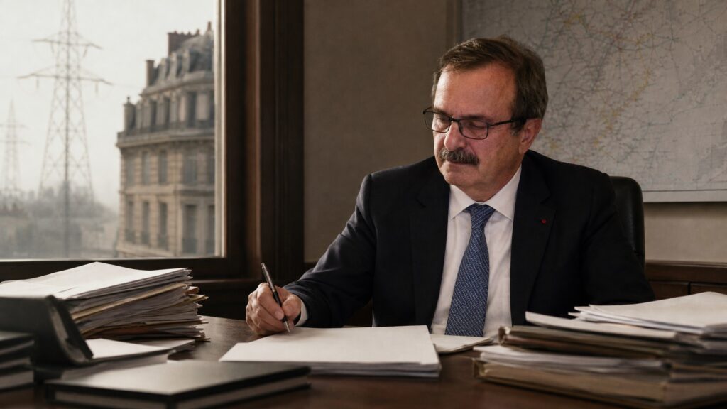 Un haut responsable public dans un bureau institutionnel, documents de travail devant lui, lignes électriques et immeuble haussmannien à la fenêtre. Illustration éditoriale générée par IA, non documentaire.