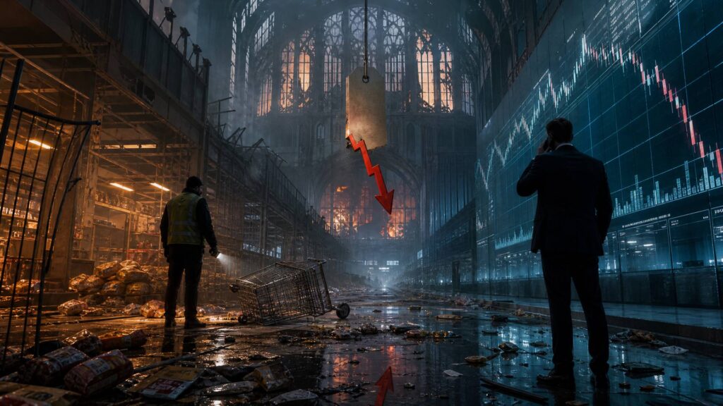 Un ouvrier en gilet jaune et un cadre devant un graphique boursier, dans un supermarché en ruines.