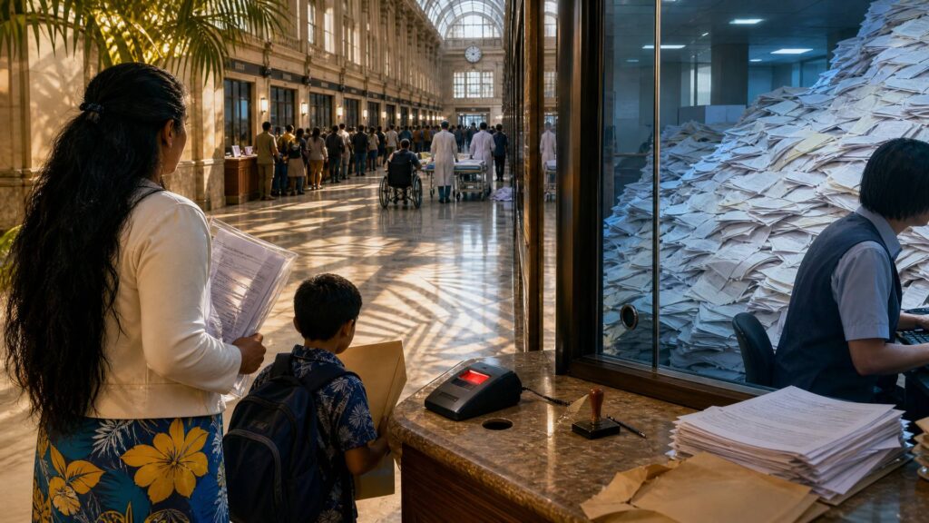 Image éditoriale générée par IA, non documentaire : un hall d’assurance maladie monumental vu en profondeur, un guichet vitré au premier plan avec un lecteur de carte dont la fente est vide et signalée en rouge, une femme vue de dos en vêtement fleuri bleu et jaune serrant une pochette de feuilles de soins, un enfant de dos tenant un dossier, une agente de profil derrière la vitre, une vague d’imprimés qui recouvre le sol, une file d’attente, un brancard et un fauteuil roulant au loin, des ombres de palmes projetées par une lumière chaude à gauche, un couloir bleu froid à droite.