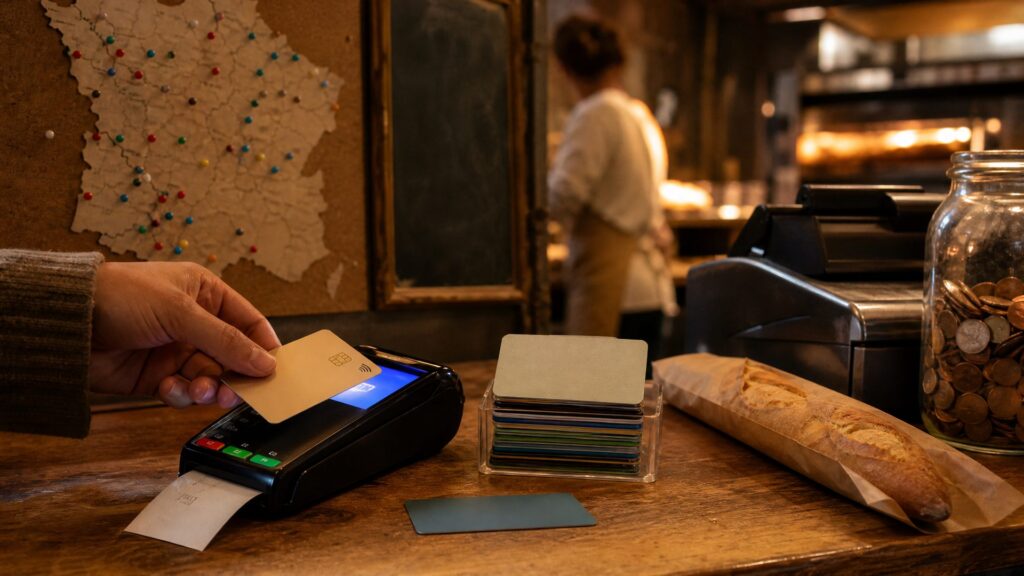 Illustration éditoriale générée par IA : gros plan sur un terminal de paiement chez un boulanger, main anonyme tenant une carte, ticket qui sort, pile de cartes bancaires et carte de France épinglée au mur du fond.