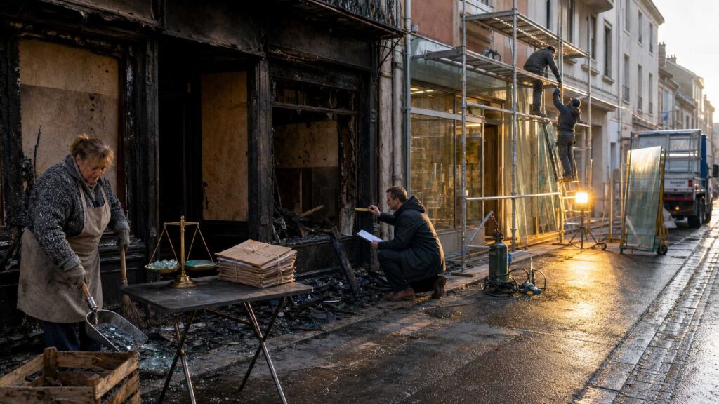 Devanture d’une boulangerie brûlée à l’aube : une commerçante en tablier balaie des éclats de verre, un expert d’assurance mesure la vitrine avec un mètre pliant, un ouvrier pose un carreau neuf sur un échafaudage ; sur une table pliante, une balance de laiton à deux plateaux et une pile de dossiers ficelés.