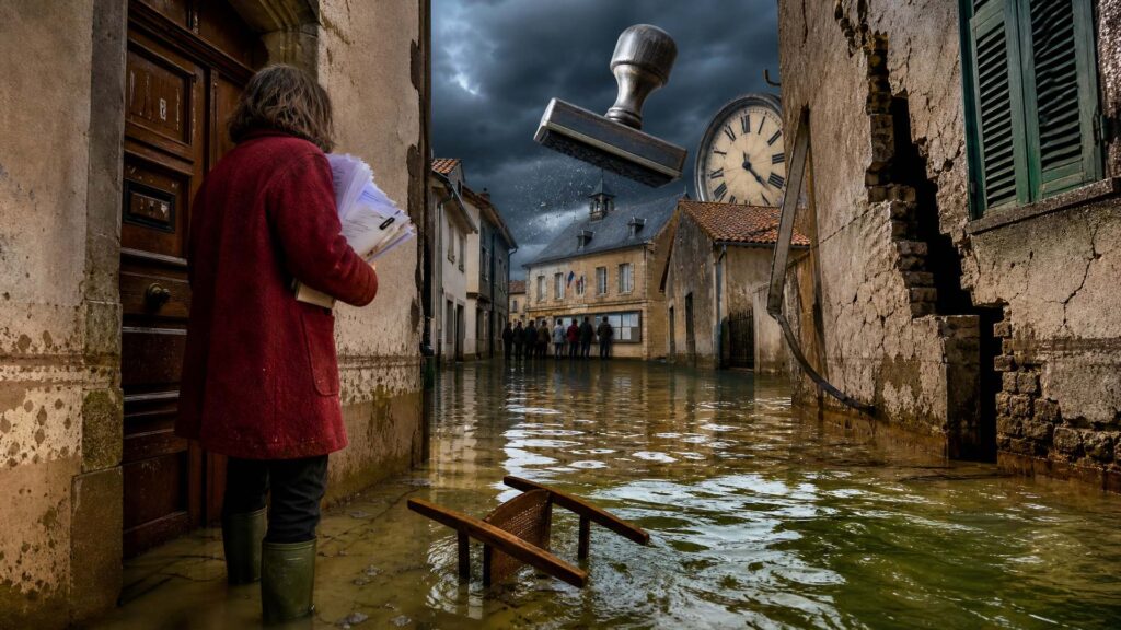 Une rue de village inondée vue en légère plongée : au premier plan, une habitante bottée tient une chemise de documents d'assurance contre sa poitrine, devant une porte d'entrée où l'eau laisse un trait de crue ; au plan moyen, un mur de maison fendu par la sécheresse, pans de plâtre descellés ; à droite, la façade d'une mairie avec un panneau d'affichage vitré et un tampon administratif géant suspendu au-dessus de la rue, sa tête de tampon tournée vers le sol ; à l'arrière-plan, une horloge de clocher immense dont le cadran domine les toits, et un paysage de collines sèches sous un ciel d'orage. Aucune personne identifiable.