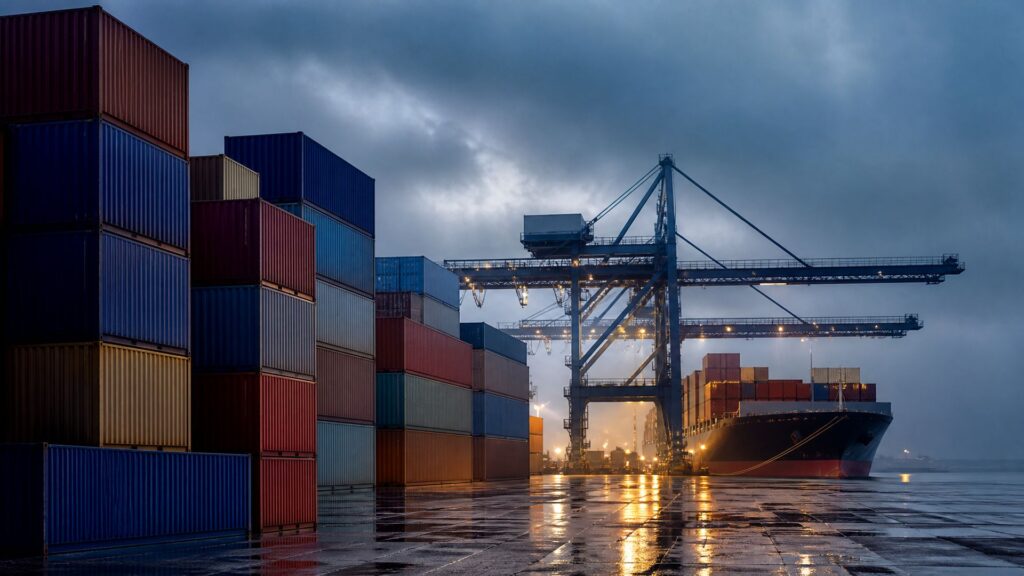 Terminal à conteneurs au crépuscule, grues portiques et porte-conteneurs à quai, conteneurs empilés