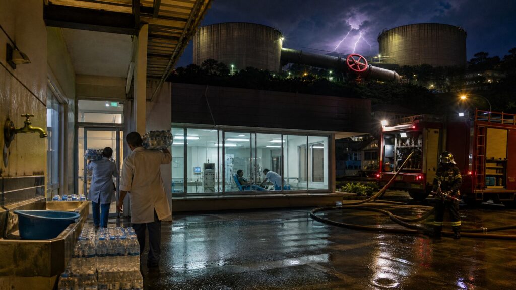 À Cayenne, de nuit sous un ciel d'orage : au premier plan, un robinet sec au-dessus d'un évier, des packs de bouteilles d'eau et deux soignants de dos qui en portent vers une porte éclairée ; au centre, une baie vitrée montre une salle de soins avec une patiente dans un fauteuil et un soignant penché ; à droite, un camion de pompiers rouge, des tuyaux au sol et un pompier tenant une lance ; à l'arrière-plan, deux grands réservoirs cylindriques reliés par une conduite qui porte une roue de vanne rouge, sous un éclair.