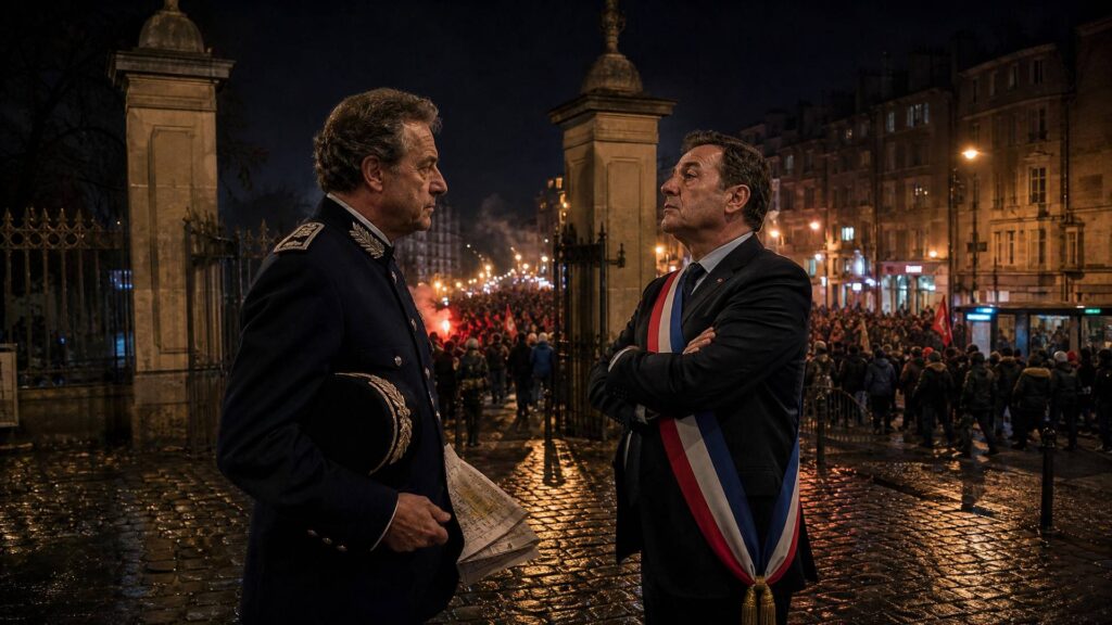 À la porte de Charenton, deux responsables face à face : un préfet de police en uniforme, plan de Paris à la main, et un maire portant l’écharpe tricolore devant une foule de manifestants massée derrière la grille.