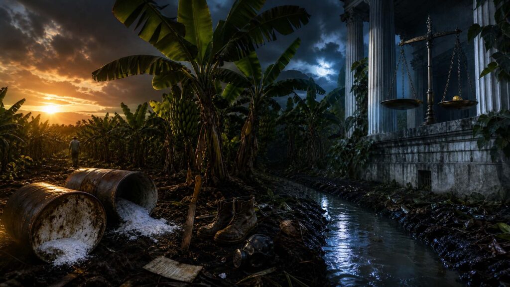Bananeraie dense au crépuscule sur un sol volcanique noir ; au premier plan des fûts métalliques renversant une poudre blanche, une machette plantée dans la terre et des bottes de travail ; un canal d’eau sombre traverse l’image ; à droite une colonnade de pierre claire avec une balance de bronze penchée ; au loin, un ouvrier agricole vu de dos.