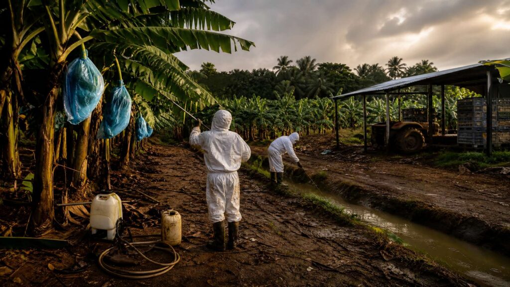 Deux ouvriers agricoles en combinaison de protection pulvérisant un traitement dans une bananeraie, régimes de bananes engainés de sacs plastique bleus, canal d'irrigation boueux