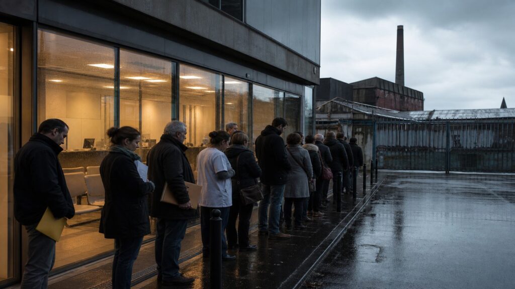 File d'attente devant une agence publique pour l'emploi, vitrine éclairée et chaises vides visibles à l'intérieur, personnes anonymes de tous âges avec dossiers et enveloppes, usine fermée et cheminée silencieuse à l'arrière-plan sous la pluie