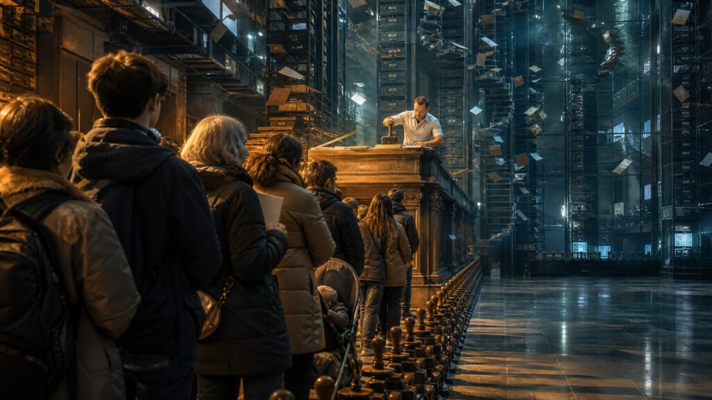Salle d'accueil monumentale d'une administration de l'emploi : une file d'attente vue de dos devant un guichet surélevé en bois où un agent tamponne des formulaires, sous des rayonnages de dossiers montant jusqu'à la voûte.