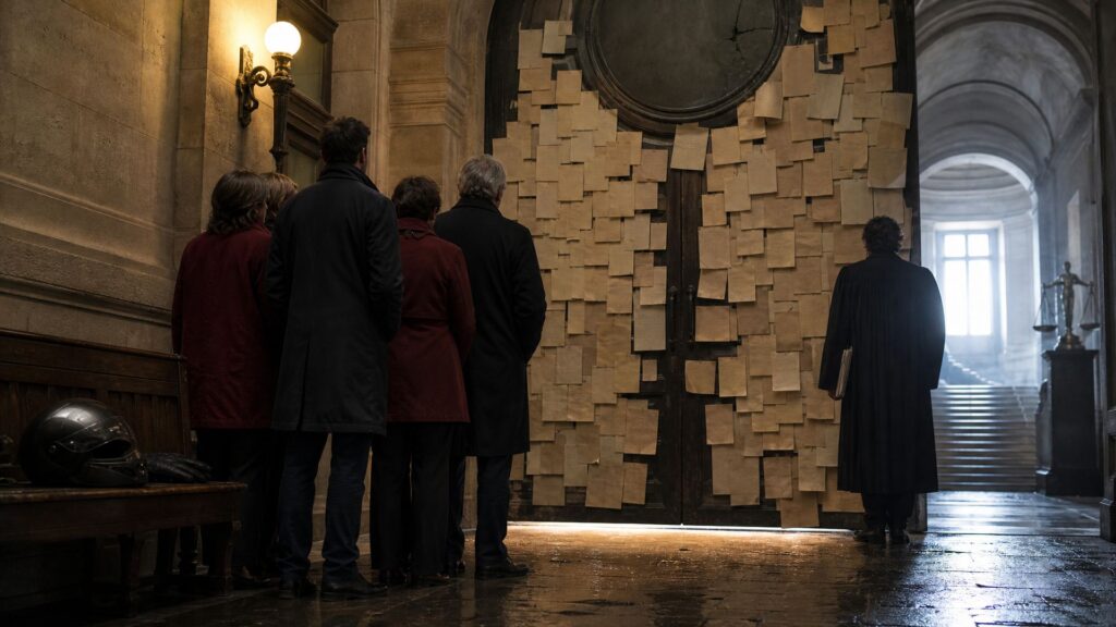 Hall d'un palais de justice en clair-obscur : cinq silhouettes de dos, dont une robe d'avocat, devant une porte monumentale tapissée de feuilles, un casque et des gants posés sur un banc, statue de la Justice au fond du couloir