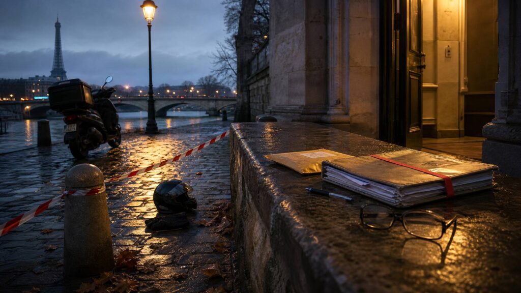 Au petit matin d'hiver sur le quai Branly, à Paris : un scooter de livraison noir rangé contre le trottoir, un casque de moto posé sur les pavés humides près d'un ruban de police tendu entre deux potelets, et un dossier judiciaire fermé par un élastique sur le parapet ; la Seine, un pont de pierre et la tour Eiffel dans la brume bleue froide, un lampadaire allumé éclairant les pavés.